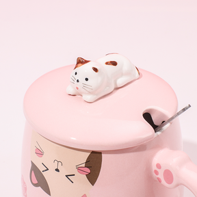 450 ml  Taza De Gato De Dibujos Animados Taza De Agua De Cerámica Con Tapa Y Cuchara (Personalizado)