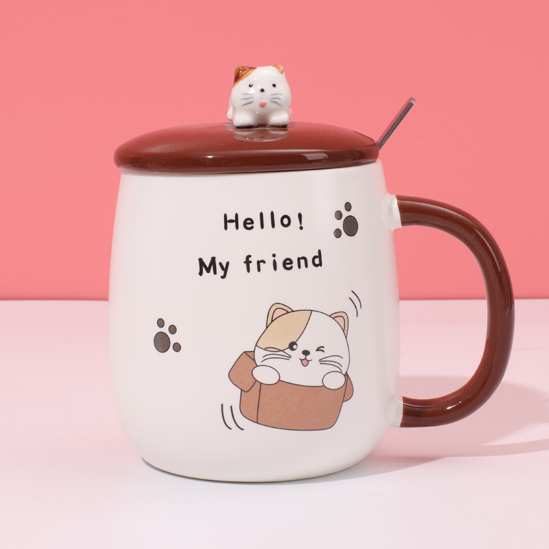 450 ml  Taza De Gato Taza De Agua De Cerámica Con Tapa Y Cuchara (Personalizado)