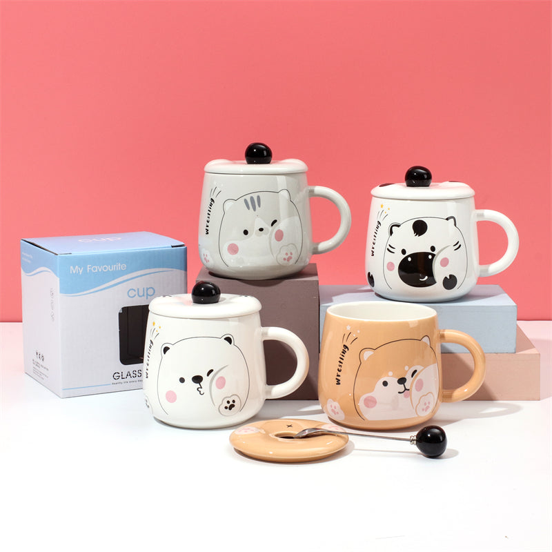 400 ml Taza De Dibujos Animados Taza De Agua De Cerámica Con Tapa Y Cuchara (Personalizado)