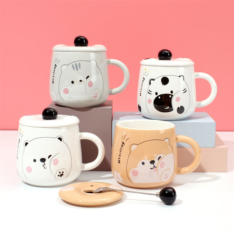400 ml Taza De Dibujos Animados Taza De Agua De Cerámica Con Tapa Y Cuchara (Personalizado)