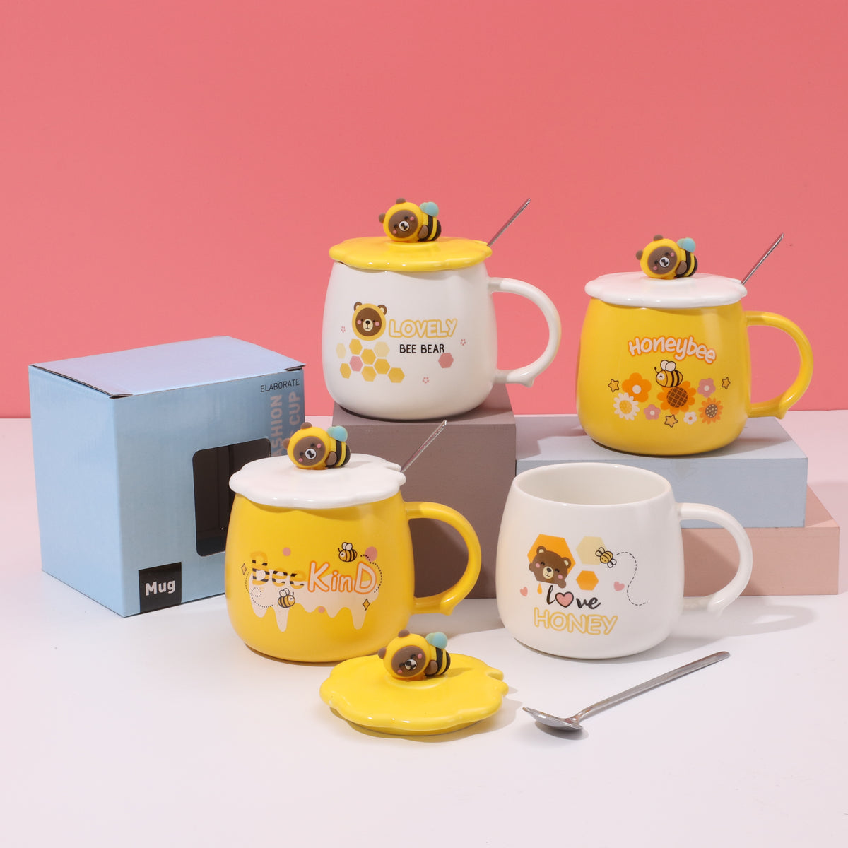 420 ml Taza De Abeja De Dibujos Animados Taza De Agua De Cerámica Con Tapa T Cuchara (Personalizado)