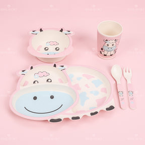 Juego De 5 Piezas Plato De Cena Con Forma De Vaca De Dibujos Animados De Fibra De Bambú Con Cuchillo Y Tenedor (Personalizado)