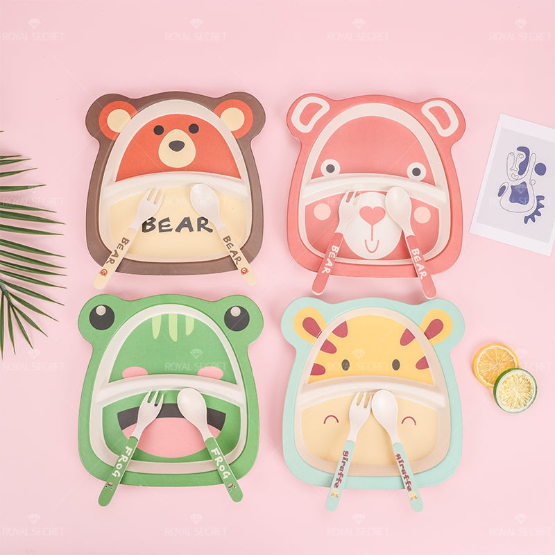Plato Llano De Fibra De Bambú Con Forma De Animal Con Cuchillo Y Tenedor Juego De 3 Piezas (Personalizado)