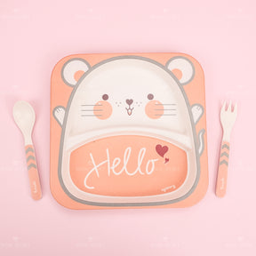 Juego De 3 Piezas Plato Llano Cuadrado De Fibra De Bambú Con Forma De Animal Con Cuchillo Y Tenedor (Personalizado)