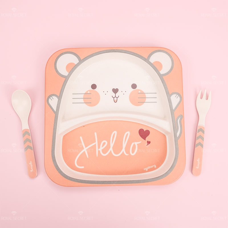 Juego De 3 Piezas Plato Llano Cuadrado De Fibra De Bambú Con Forma De Animal Con Cuchillo Y Tenedor (Personalizado)