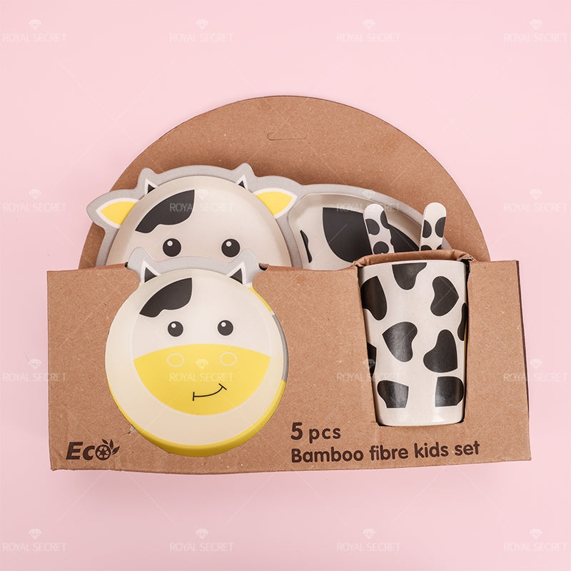 Juego De 5 Piezas Plato De Cena Con Forma De Vaca De Dibujos Animados De Fibra De Bambú Con Cuchillo Y Tenedor (Personalizado)