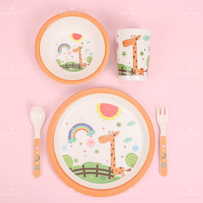 Juego De 5 Piezas Plato Llano Redondo De Dibujos Animados De Fibra De Bambú Con Cuchillo Y Tenedor (Personalizado)