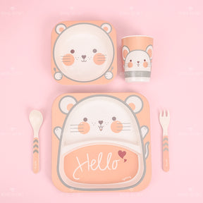 Juego De 5 Piezas Plato Llano Cuadrado De Fibra De Bambú Con Forma De Animal Con Cuchillo Y Tenedor (Personalizado)