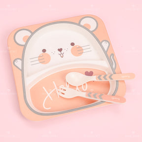 Juego De 5 Piezas Plato Llano Cuadrado De Fibra De Bambú Con Forma De Animal Con Cuchillo Y Tenedor (Personalizado)