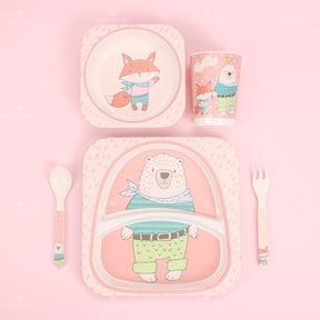 Juego De 5 Piezas Plato De Cena De Animales De Dibujos Animados De Fibra De Bambú Con Cuchillo Y Tenedor (Personalizado)