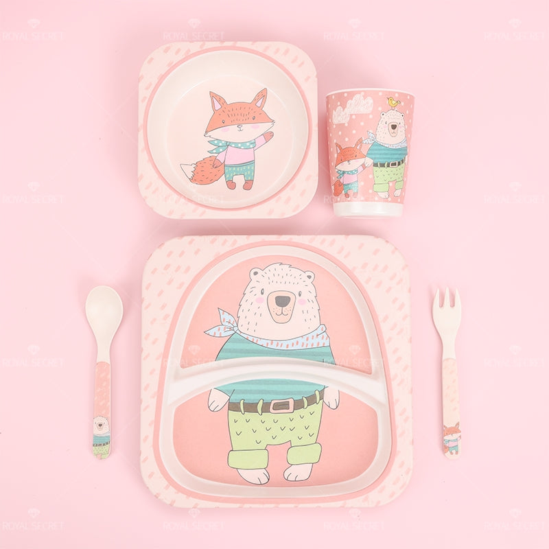 Juego De 5 Piezas Plato De Cena De Animales De Dibujos Animados De Fibra De Bambú Con Cuchillo Y Tenedor (Personalizado)