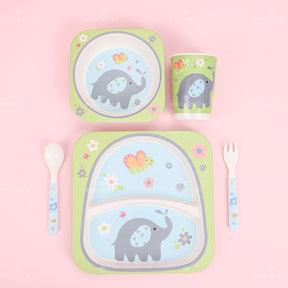 Juego De 5 Piezas Plato De Cena De Animales De Dibujos Animados De Fibra De Bambú Con Cuchillo Y Tenedor (Personalizado)