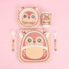 Juego De 5 Piezas Plato De Cena De Animales De Dibujos Animados De Fibra De Bambú Con Cuchillo Y Tenedor (Personalizado)