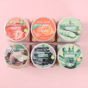 empaque frontal del exfoliante corporal de frutas con etiqueta vibrante y diseño de frutas