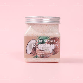 exfoliante con coco, textura blanca cremosa, decorado con mitades de coco tropicales