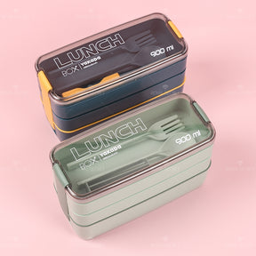 900ML Fiambrera Con Compartimento Rectangular Caja De Almuerzo Aislada Tres Pisos Lunch Box Lonchera Con Cubiertos (Personalizado)