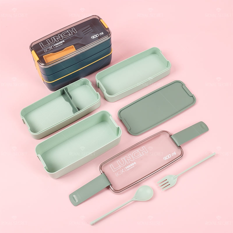 900ML Fiambrera Con Compartimento Rectangular Caja De Almuerzo Aislada Tres Pisos Lunch Box Lonchera Con Cubiertos (Personalizado)