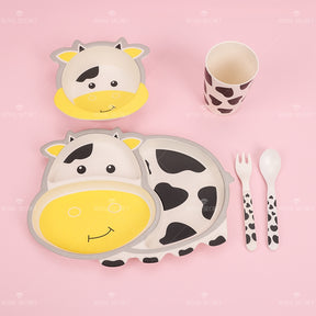 Juego De 5 Piezas Plato De Cena Con Forma De Vaca De Dibujos Animados De Fibra De Bambú Con Cuchillo Y Tenedor (Personalizado)