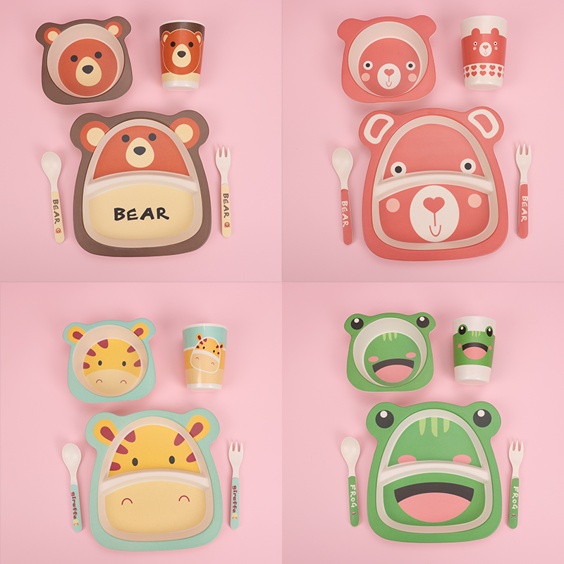 Juego De 5 Piezas Plato Llano De Fibra De Bambú Con Forma De Animal Con Cuchillo Y Tenedor (Personalizado)