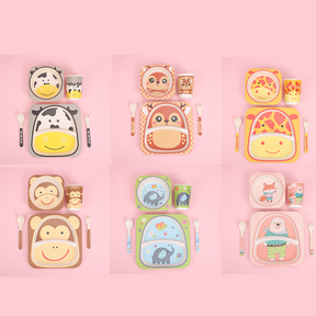 Juego De 5 Piezas Plato De Cena De Animales De Dibujos Animados De Fibra De Bambú Con Cuchillo Y Tenedor (Personalizado)